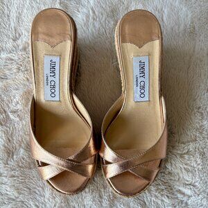 JIMMY CHOO Almer 80 Rose Gold Metallic Leather Woven Wedge Slide Sandal